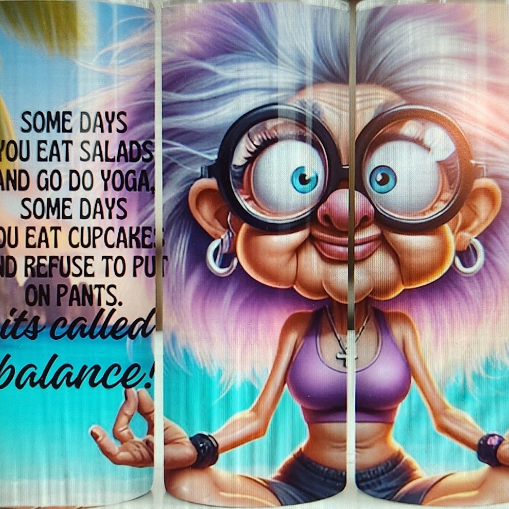 Colorful Cartoon Older Woman Character Doing YOGA Tumbler. Hand Crafted 20oz - Picture 7 of 7